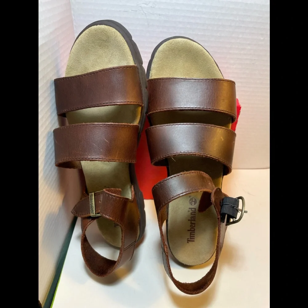 Timberland Woman’s Sandals Double Strap Flat Brown Leather - Open Toe Sz 10 - Picture 6 of 7